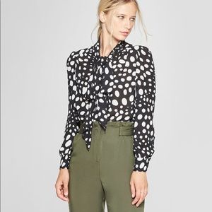 NWT Who What Wear Polka Dot Tie Neck Blouse